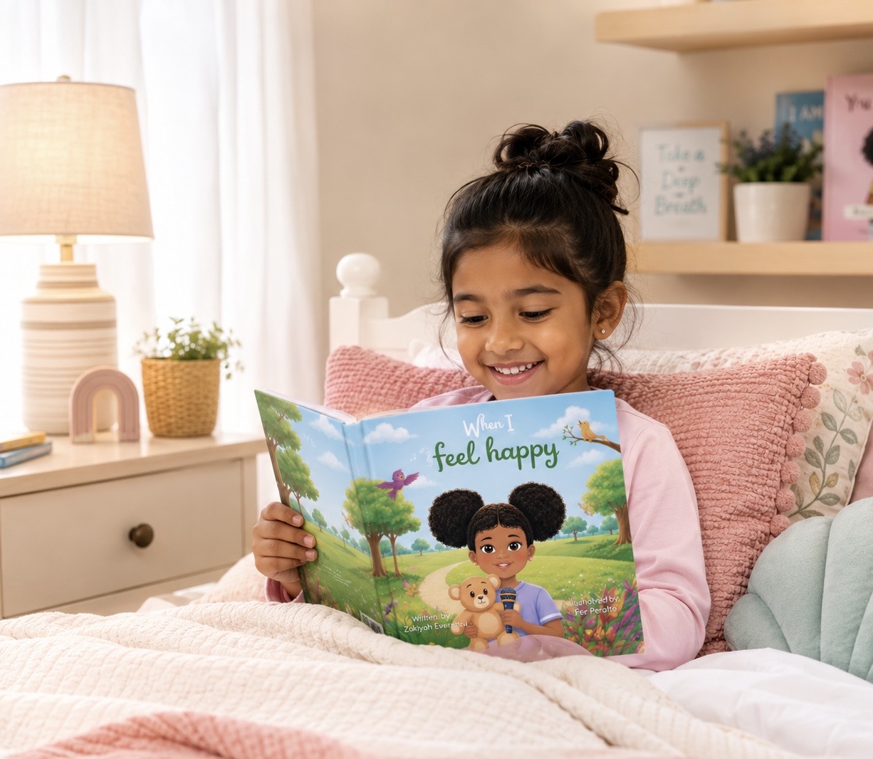 A little girl reading When I Feel Happy in her bedroom